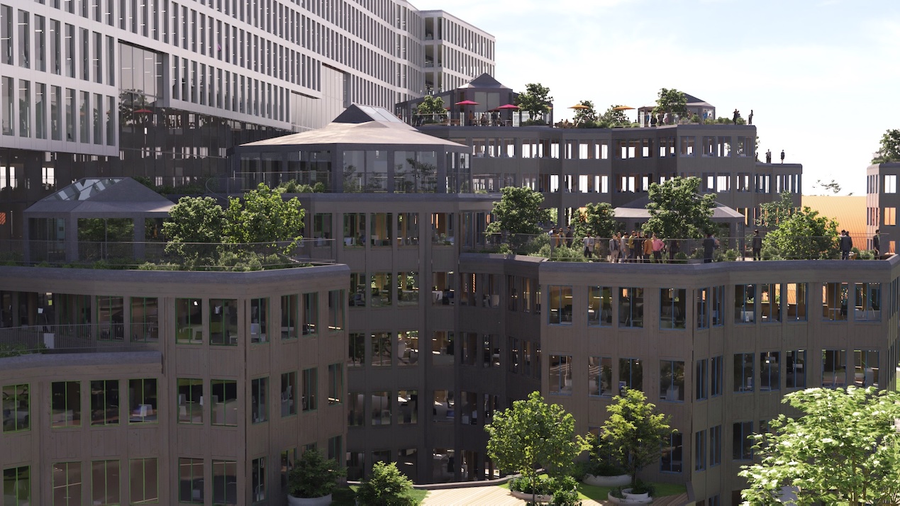 The landscraper acts as a sound screen protecting the campus.