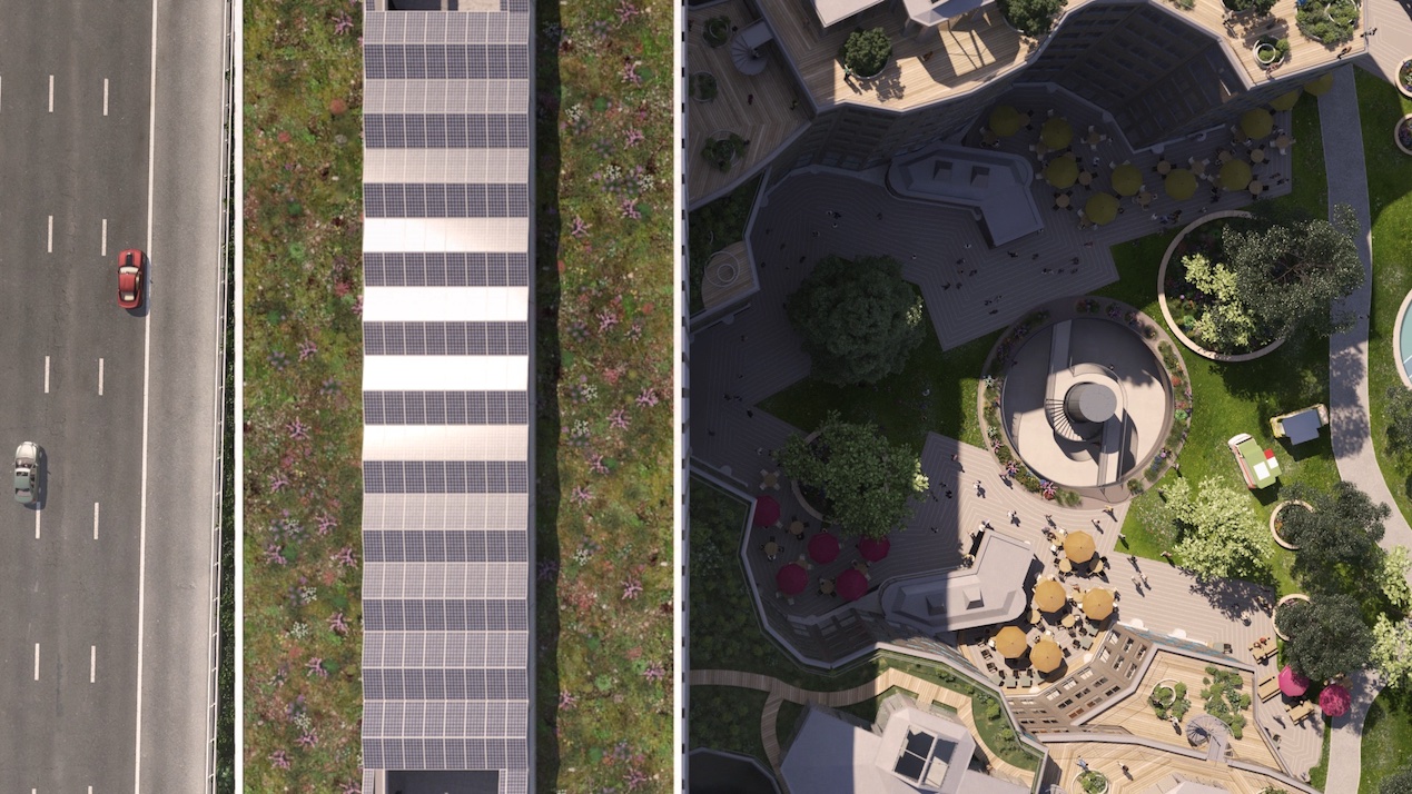 Overhead view of Tripolis-Park and campus area.